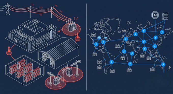 The image contrasts a centralized cloud infrastructure (left) showing power lines, GPUs, data centers, and construction—highlighting bottlenecks in power and capacity—with a decentralized Filecoin network (right) distributed across global nodes linked to an AI icon, illustrating that Filecoin's storage capacity is already deployed and available, unlike constrained centralized cloud services.