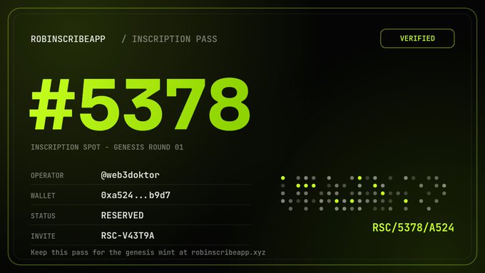 A digital 'INSCRIPTION PASS' from 'ROBINSCRIBEAPP' numbered #5378, marked as 'VERIFIED' and 'RESERVED,' for the operator @web3doktor.