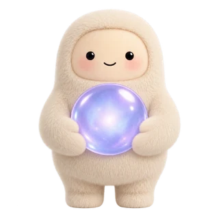 A 3D-rendered, cute, fluffy white character holding a glowing purple crystal ball against a white background.