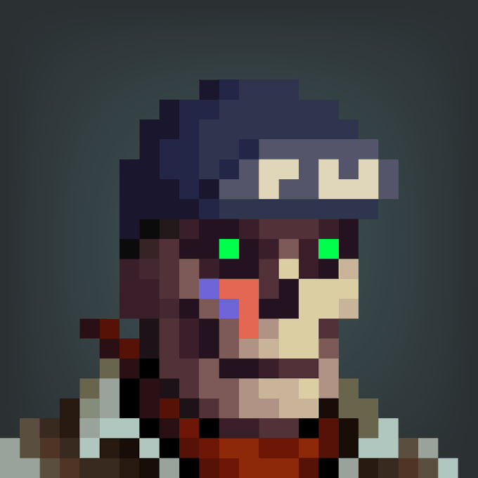 A pixel art portrait of an undead character with a dark blue-gray helmet featuring a visor, glowing green eyes, and exposed teeth/face against a dark background, embodying the post's emphasis on maximum pixel efficiency within a 24×24 grid. The blocky, lo-fi aesthetic reinforces the "every single pixel doing maximum work" theme associated with the #GenuineUndead brand.