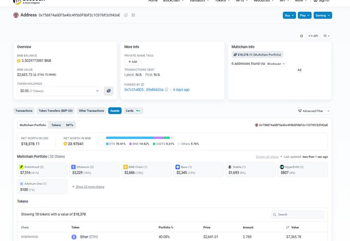 A DeBank portfolio overview for a wallet address showing a total balance of 3.502973981 BNB ($2,685.73) with a net worth of $18,378.11, distributed across Multichain, Ethereum, BNB Chain, Base, Stable, and Arbitrum chains.