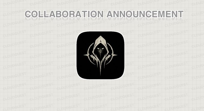 A "COLLABORATION ANNOUNCEMENT" graphic featuring the Haunting Hoods logo—a stylized hooded figure with crossed scythes—centered on a gridded background, representing the newly announced partnership between Cloud Quest and the Haunting Hoods NFT ecosystem.