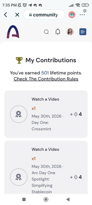 The image shows a phone screen displaying a list of achievements for an individual who has earned 500 ARC points. The person has applied for the @arc Tier-1 Ambassador badge, which indicates their participation in the community. The text on the screen reads "GE CT legend Finally I have earned 500 ARC points and I have applied for the @arc Tier-1 Ambassador badge when only about 310+ members were accepted !" This message highlights the individual's accomplishments and their application process to become a part of the community.