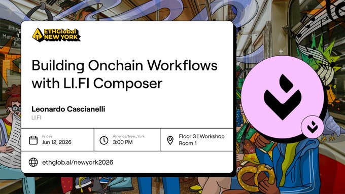 The image features a poster for an event titled "Building Onchain Workflows with LI.FI Composer" scheduled at 3:00 pm. The poster includes a photo of a person wearing glasses, which could be a speaker or a participant at the workshop. The text on the poster provides information about the event and its purpose, as well as the location where it will take place.