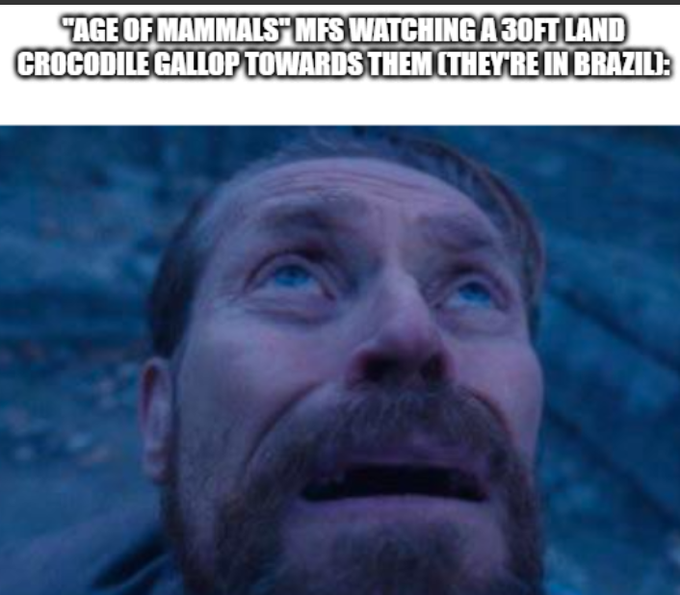 A meme image showing a man with a shocked/awed expression looking upward, captioned: '"AGE OF MAMMALS" MFS WATCHING A 30FT LAND CROCODILE GALLOP TOWARDS THEM (THEY'RE IN BRAZIL):'