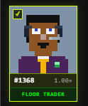 A pixel art character identified as "#1368 FLOOR TRADER" with a 1.00x multiplier, displayed alongside a social media post about activating a "Stonkbroker" NFT that cost 66,666 $STONKBROKER tokens, representing one of only 1,742 activated out of 4,444 total available.