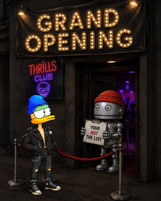 An AI-generated image showing a duck character wearing a punk-style leather jacket and beanie standing outside a 'GRAND OPENING' venue with a 'THRILLS CLUB' neon sign, while a robot in a red beanie holds a clipboard reading 'YOUR NOT THE LIST'.