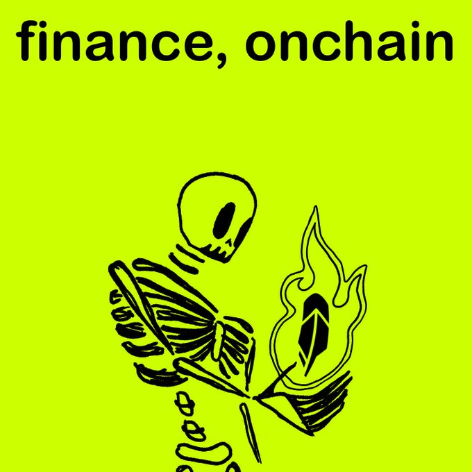 A striking neon yellow image displays bold black text reading "finance, onchain" above a stylized skeleton holding a flaming feather pen, suggesting the rising power of onchain crypto finance as referenced in "ROBINHOOD Power! @RobinhoodCrypto."