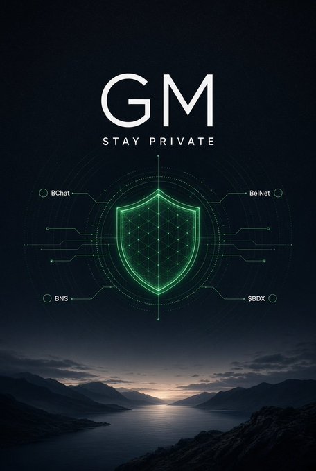A dark promotional graphic featuring 'GM STAY PRIVATE' text above a glowing green digital shield, with labels including BChat, BelNet, BNS, and $BDX over a scenic lake and mountain backdrop.