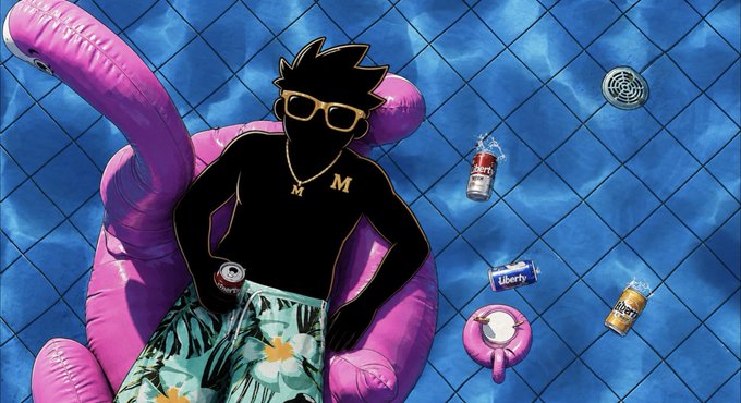 A vibrant collage featuring a silhouetted figure with spiky hair, gold 'MM' chains, and sunglasses relaxing on a pink inflatable flamingo in a pool, surrounded by beer cans and a Liberty snack package.