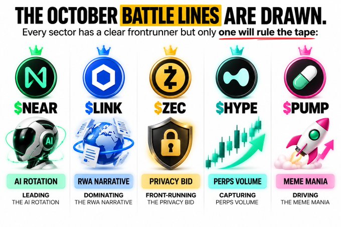 An image titled 'THE OCTOBER BATTLE LINES ARE DRAWN' showing five cryptocurrencies (NEAR, ZEC, HYPE, LINK, PUMP) as leaders in different sectors: AI ROTATION, RWA NARRATIVE, PRIVACY BID, PERPS VOLUME, and MEME MANIA.
