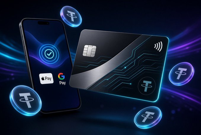 A digital promotional image showing a smartphone with Apple Pay and Google Pay logos next to a black credit card with circuit board designs, surrounded by floating cryptocurrency Tether (USDT) tokens.