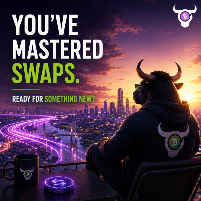 Promotional graphic featuring a stylized bull character with Bitcoin branding and the text 'YOU'VE MASTERED SWAPS. READY FOR SOMETHING NEW?'