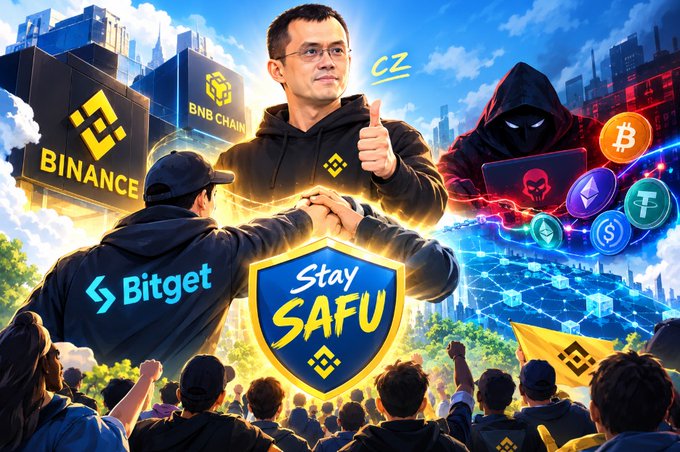 An illustration featuring CZ (Changpeng Zhao) giving a thumbs up, surrounded by logos for Binance, BNB Chain, and Bitget, alongside the 'Stay SAFU' shield, a hooded hacker, various cryptocurrencies, and a crowd of supporters.