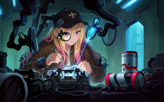An anime-style blonde character wearing a New Orleans Saints cap and circular glasses meticulously works on a mechanical device with a laser tool, surrounded by robotic arms and futuristic equipment in a high-tech workshop. The image humorously plays on the "c-chain stands for cooking-chain" caption by showing the character appearing to "cook" or modify a chain-like mechanical component rather than work on a cooking recipe.