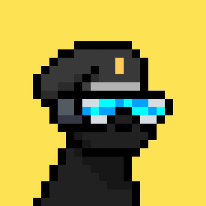 A pixel art image of a black dinosaur character with a blue and white light beam emitting from its mouth against a yellow background.