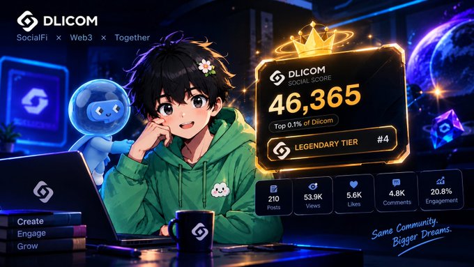 An animated promotional graphic for DLICOM (SocialFi × Web3 × Together) featuring an anime character with a social score of 46,365 in the Legendary Tier #4, showing 210 posts, 53.9K views, 5.6K likes, 4.8K comments, and 20.8% engagement.