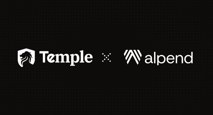 A black graphic displays the logos of "Temple" (featuring a Spartan-style helmet icon) and "alpend" (with a stylized "A" logo) separated by a small "X" symbol, visually announcing a partnership between the two entities on the Canton network.
