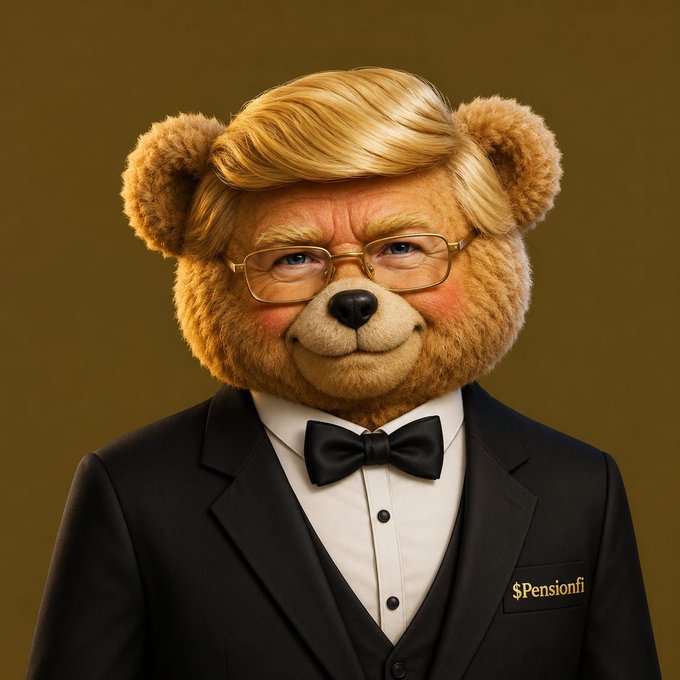 An AI-generated portrait of a teddy bear with blonde hair and glasses, wearing a tuxedo with a name tag reading 'SPension.fi'.