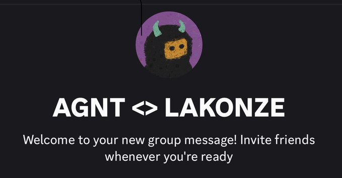 A group message welcome screen titled "AGNT <> LAKONZE" featuring a cartoon character with horns on a purple circular background, with text inviting friends to the new group.