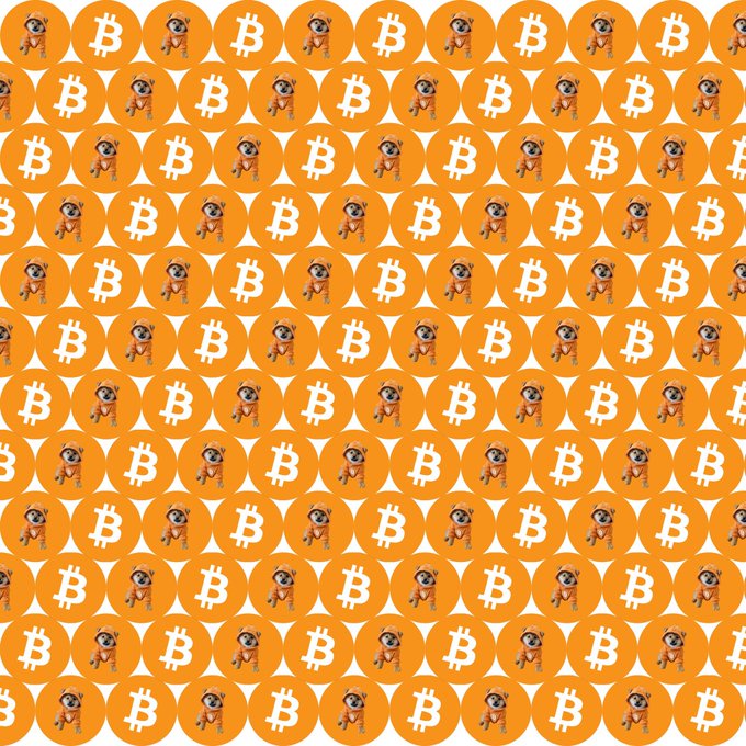 A repeating pattern of orange circular icons alternating between the Bitcoin 'B' symbol and a small cartoon character, set against a white background.