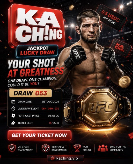 A 'KA CHING JACKPOT LUCKY DRAW' advertisement featuring a UFC fighter, a gold championship belt, and details for 'DRAW 053' with tickets priced at '0.5 USDC'.