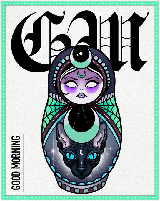 An illustrated card with 'CHANT' in Gothic lettering, featuring a matryoshka doll design with a face, crescent moons, and a black cat, labeled 'GOOD MORNING' on the side.