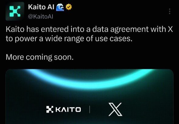Tweet from Kaito AI (@KaitoAI) announcing a data agreement with X platform, with 'More coming soon' and Kaito/X partnership graphic.
