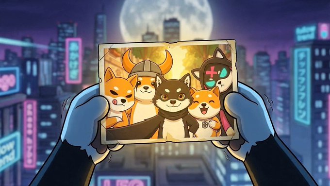 Paws holding a photo of five cartoon Shiba Inu-style characters against a neon city skyline at night, symbolizing a nostalgic look back at a crypto trader's early journey with meme coins like Dogecoin, timed to Binance's 9th anniversary milestone.