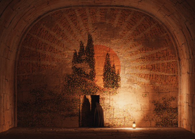 A cloaked figure stands in a stone doorway within a vaulted brick chamber, illuminated by warm orange light and a single lantern, with foliage growing on the walls.