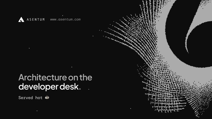A minimalist black promotional graphic for Asentum (asentum.com) with white text reading 'Architecture on the developer desk. Served hot ☕', accompanied by a textured abstract swirl design.