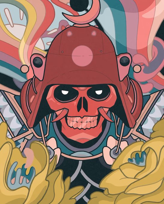Stylized vector artwork of a red samurai skull wearing a traditional helmet, surrounded by swirling smoke and decorative elements.