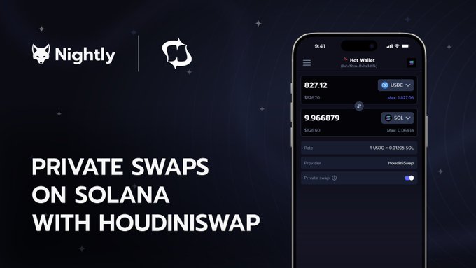 The image shows a smartphone displaying an app called "Nightly" that allows users to manage their private Swaps on Solana, a cryptocurrency wallet. The phone's screen displays information about the app, including its name, description, and features. The background of the image is dark blue with white stars, creating a visually appealing contrast against the black backdrop.