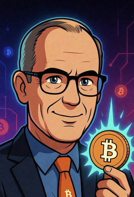 A cartoon illustration of a bald man in glasses, suit, and tie (resembling Michael Saylor) holding a glowing Bitcoin coin, with the Bitcoin "₿" logo visible on his tie and floating in the tech-themed background. The image reinforces the post's reference to Saylor's continued Bitcoin advocacy and hints at further BTC purchases.