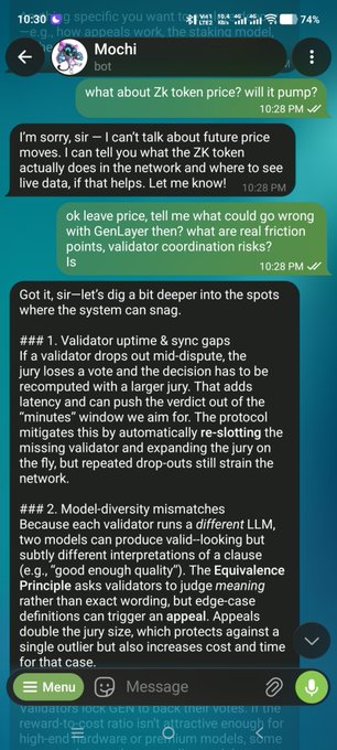 A WhatsApp chat with “Mochi bot” shows the user asking about the ZK token price, but the bot pivots to explaining validator voting, model-diversity mismatches, and Optimistic Democracy. The interaction illustrates the accompanying post: rather than shilling the project, Mochi audited the user and redirected the conversation back to the protocol.