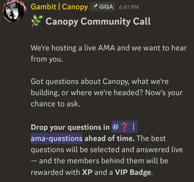 A Discord message from 'Gambit | Canopy' announcing a live AMA 'Canopy Community Call' and inviting users to drop questions in #ama-questions for XP and a VIP Badge.