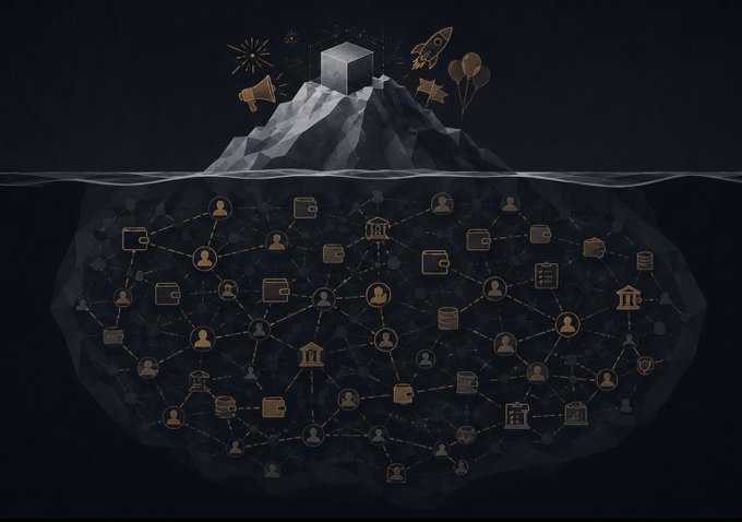 The image shows an iceberg metaphor, with a visible peak displaying a 3D cube and celebratory icons (rocket, balloons, fireworks, megaphone), while the vast submerged portion reveals an intricate network of connected nodes featuring people, wallets, buildings, and document icons representing the deeper, often overlooked layer of the crypto ecosystem. This visually reinforces OGAudit's message that surface-level code audits only inspect the tip of the iceberg, while their wallet-verified community of Crypto OGs provides the essential social audit of the people and promises behind crypto projects that lies hidden beneath.