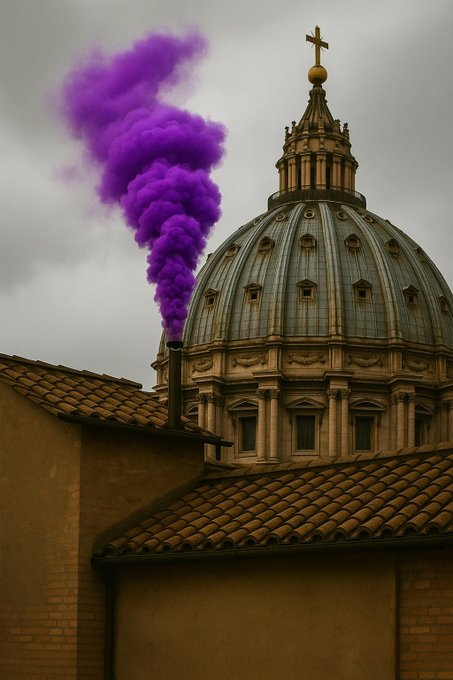A digitally edited image showing a traditional domed cathedral with a cross on top, where thick purple smoke billows from a chimney on the tiled roof below.