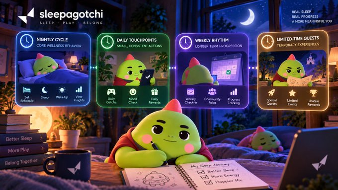 An infographic for 'sleepagotchi' displays gameplay features like 'Nightly Cycle', 'Daily Touchpoints', 'Weekly Rhythm', and 'Limited-Time Quest' alongside 3D green monster characters.