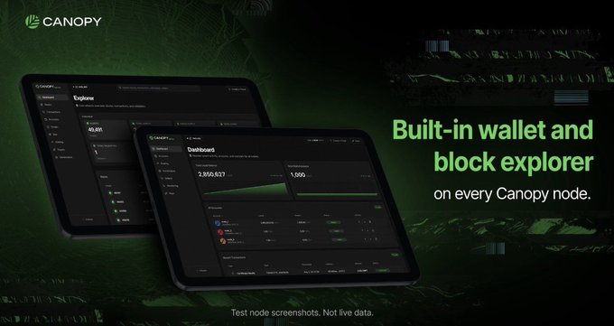 A promotional graphic for Canopy featuring two tablets displaying a dashboard and explorer interface, with text reading 'Built-in wallet and block explorer on every Canopy node' and a disclaimer 'Test node screenshots. Not live data.'