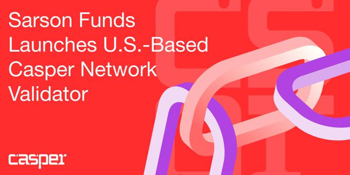 The image announces "Sarson Funds Launches U.S.-Based Casper Network Validator" with the "Casper" logo, visually complementing the news of a new U.S. validator for the Casper Network.
