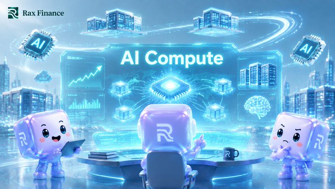 A promotional graphic for Rax Finance's 'AI Compute' platform, featuring cute mascot characters interacting with holographic interfaces and AI server chips.