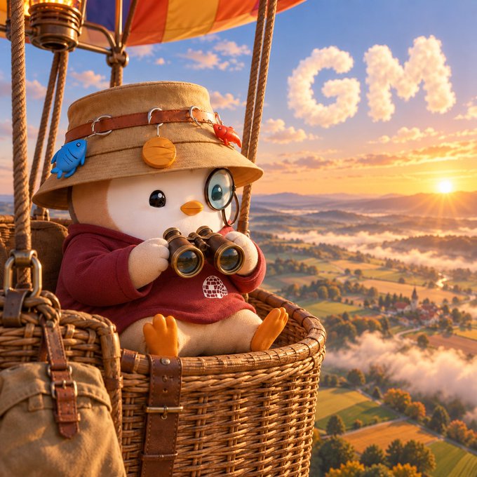 A cute animated chick wearing a safari hat with a fish pin and magnifying glass accessory sits in a hot air balloon basket, peering through binoculars at a vast sunrise landscape of rolling hills, valleys, and mist, while clouds in the sky form the letters "GM," perfectly setting a cheerful and adventurous tone for the "$LAPTOP launches today" announcement as it visually invites viewers to scope out their trading strategy for the new token.