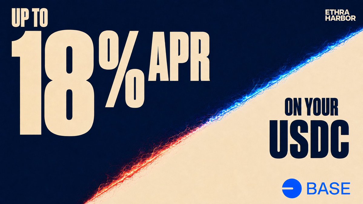 An Ethra Harbor advertisement offering up to 18% APR on USDC deposits via the Base network, featuring bold diagonal design with blue and orange lighting effects. The image relates to the post's discussion of Nucleus Codes, as Ethra Harbor appears to be one of the Web3 projects distributed through the platform.