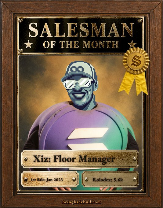 A framed "Salesman of the Month" award featuring a pixelated character, labeled "Xiz: Floor Manager" with "1st Sale: Jan 2023" and "Rolodex: 5.6k" from bringbackbull.com.