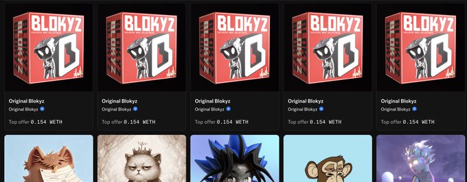 A screenshot displays five "Original Blokyz" NFT listings on a marketplace, each showing a top offer of 0.164 WETH, with pixel-art character previews below—directly visualizing the post's pitch to invest in BLOKYZ card packs instead of One Piece trading cards.