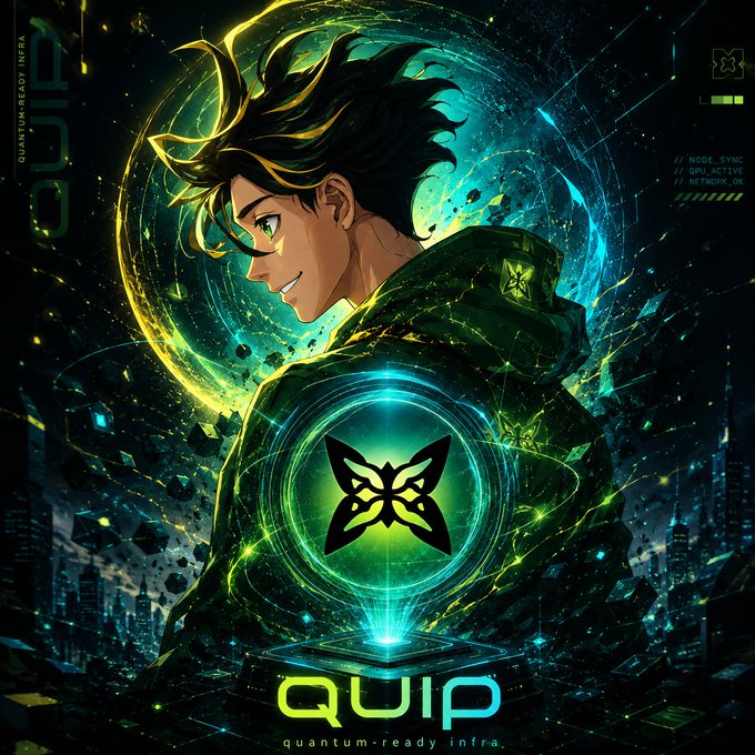 A futuristic promotional graphic for 'QUIP quantum-ready infra' featuring an anime character in a green hoodie with a butterfly logo and technological elements.