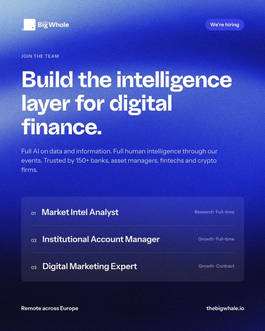 A blue-toned hiring poster for The Big Whale advertising jobs to 'Build the intelligence layer for digital finance,' listing roles for Market Intel Analyst, Institutional Account Manager, and Digital Marketing Expert.