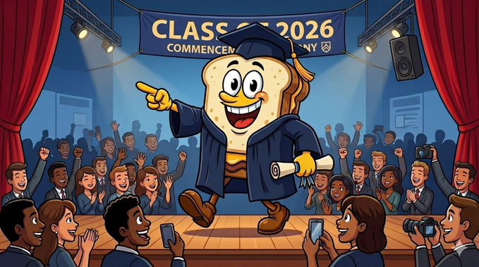 A cartoon sandwich character wearing a graduation cap and gown marches across a stage at a "Class of 2026 Commencement Ceremony," holding a diploma while pointing triumphantly toward an applauding crowd. The image ties into the PeanutButterJelly ($PJELLY) promotion by visually representing the project's educational scholarship mission, with the mascot literally "graduating" as a symbol of the real utility and funding benefits the token provides.