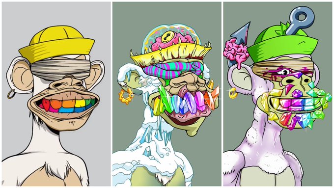 Three colorful, stylized illustrations of cartoon monkey-like characters with blindfolds, exaggerated features, and vibrant, chaotic elements like teeth, brains, and ice cream.